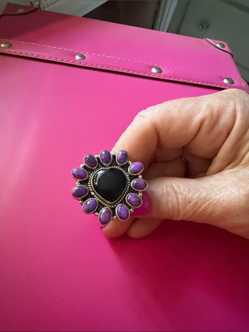 Purple and Black Heart Cluster Statement Ring
